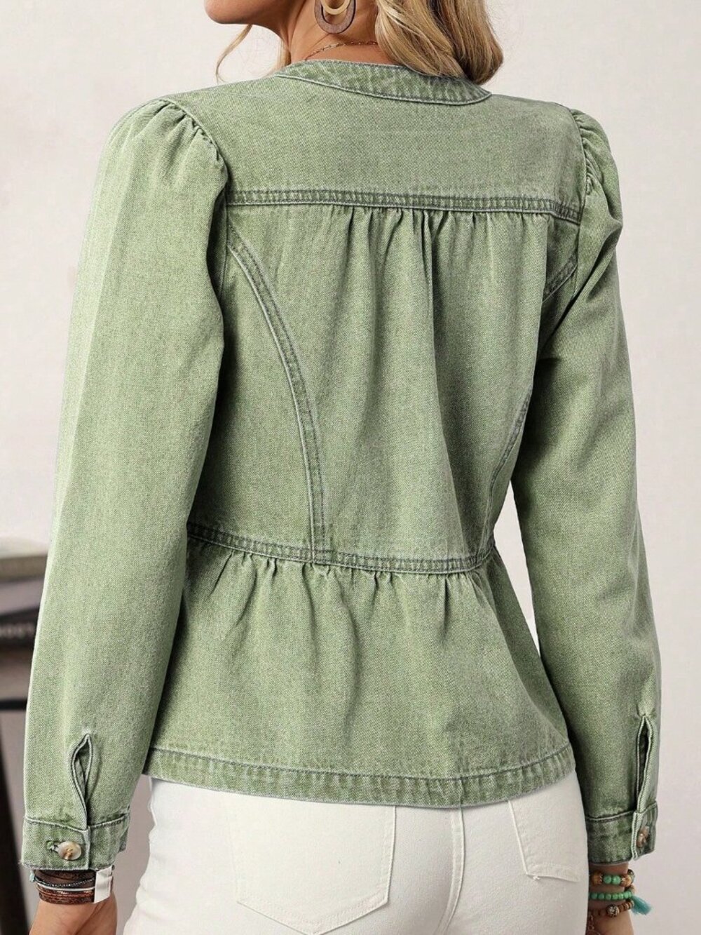Army Green Casual Women's Long Sleeve Single-Breasted Ruffle Hem Denim Jacket - Picture 2 of 5